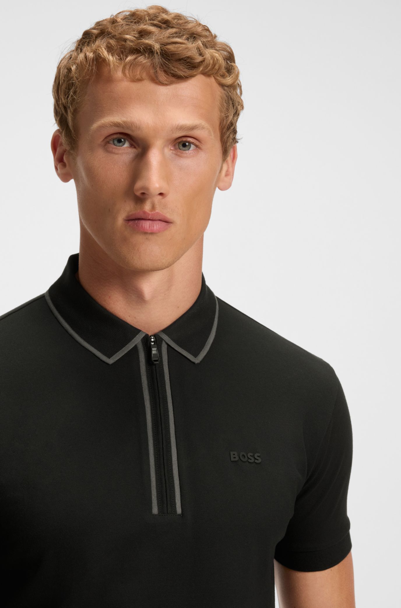 Polo in cotone elasticizzato con righe a contrasto, Nero