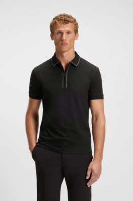 Polo in cotone elasticizzato con righe a contrasto, Nero