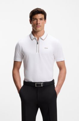 Polo in cotone elasticizzato con righe a contrasto, Bianco
