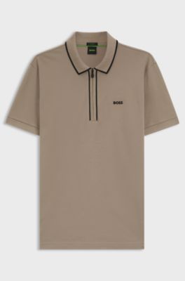 Polo in cotone elasticizzato con righe a contrasto, Marrone chiaro