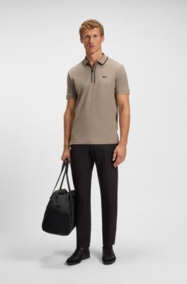 Polo in cotone elasticizzato con righe a contrasto, Marrone chiaro