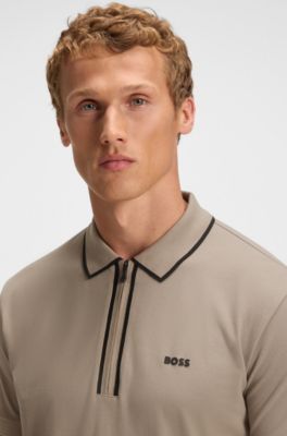 Polo in cotone elasticizzato con righe a contrasto, Marrone chiaro