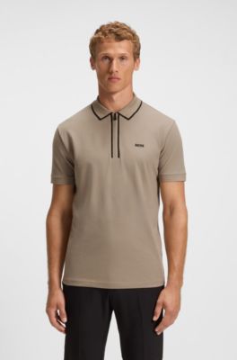 Stretch-cotton polo shirt with contrast stripes, Light Brown