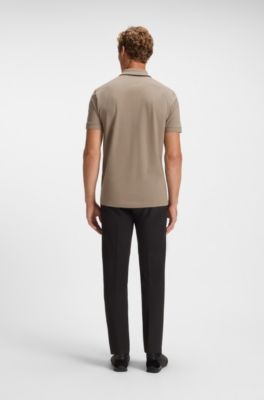 Polo in cotone elasticizzato con righe a contrasto, Marrone chiaro