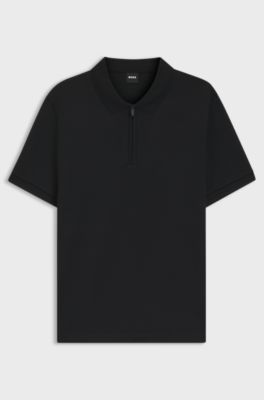 Cotton-blend polo shirt with seersucker structure, Black
