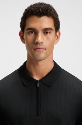 Cotton-blend polo shirt with seersucker structure, Black