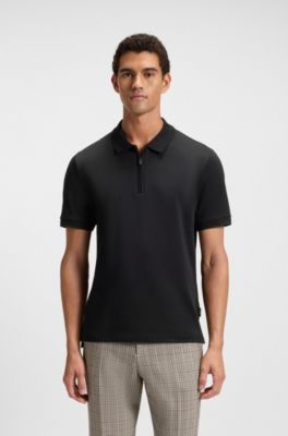 Cotton-blend polo shirt with seersucker structure, Black