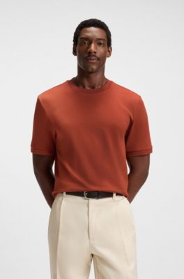 Regular-fit T-shirt in cotton-blend seersucker fabric, Orange