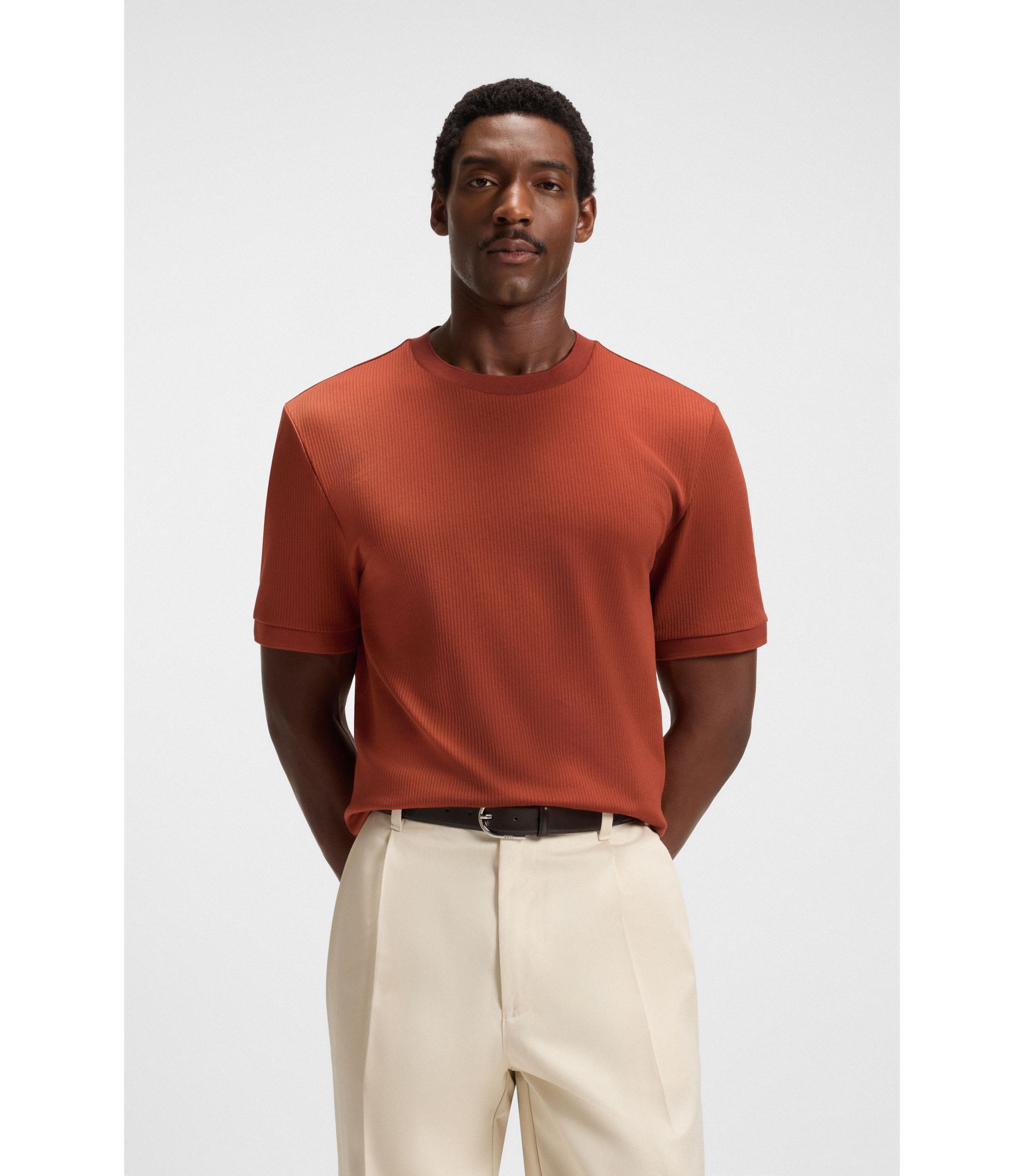 BOSS - Regular-fit T-shirt in cotton-blend seersucker fabric