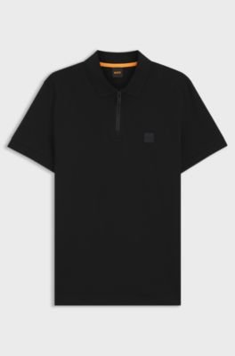Stretch-cotton slim-fit polo shirt with logo patch, Black