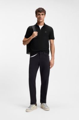 Stretch-cotton slim-fit polo shirt with logo patch, Black