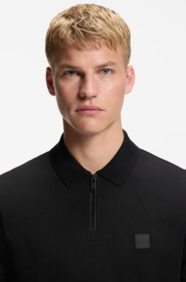 Stretch-cotton slim-fit polo shirt with logo patch, Black