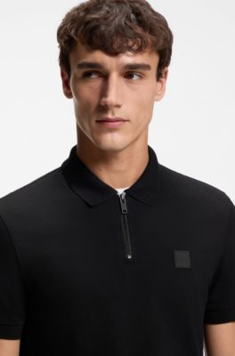Stretch-cotton slim-fit polo shirt with logo patch, Black