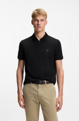 Stretch-cotton slim-fit polo shirt with logo patch, Black