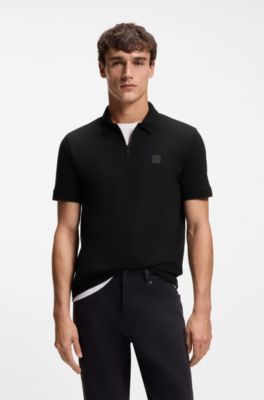 Polo Slim Fit en coton stretch &agrave; patch logo, Noir