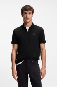 Stretch-cotton slim-fit polo shirt with logo patch, Black