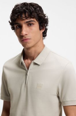 Stretch-cotton slim-fit polo shirt with logo patch, Light Beige