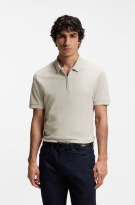 Stretch-cotton slim-fit polo shirt with logo patch, Light Beige