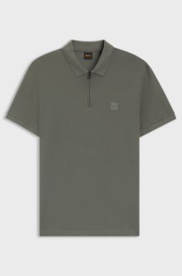 Polo Slim Fit en coton stretch &agrave; patch logo, Gris