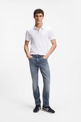 Polo slim fit in cotone elasticizzato con toppa con logo, Bianco