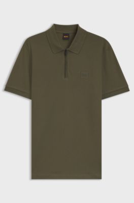 Polo slim fit in cotone elasticizzato con toppa con logo, Oliva