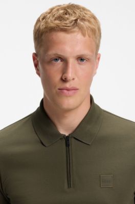 Polo slim fit in cotone elasticizzato con toppa con logo, Oliva