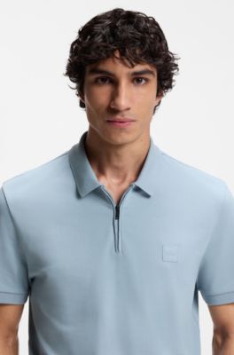 Stretch-cotton slim-fit polo shirt with logo patch, Light Blue