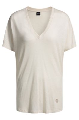 T-shirt con scollo a V e monogramma Double B, Colore neutro