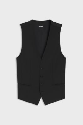 Slim-fit waistcoat in virgin wool with logo pattern, Black