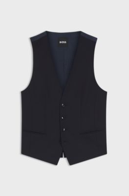 Slim-fit waistcoat in virgin wool with logo pattern, Dark Blue