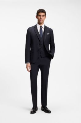 Slim-fit waistcoat in virgin wool with logo pattern, Dark Blue