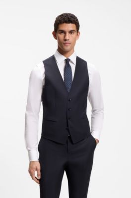 Slim-fit waistcoat in virgin wool with logo pattern, Dark Blue