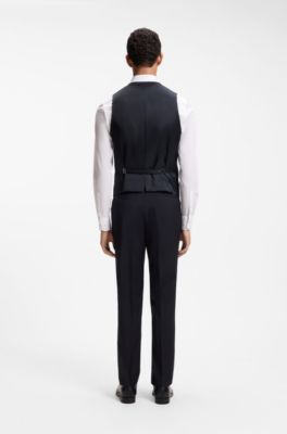 Slim-fit waistcoat in virgin wool with logo pattern, Dark Blue