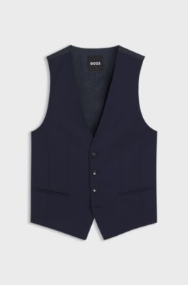 Slim-fit waistcoat in virgin wool with logo pattern, Dark Blue