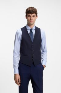 Slim-fit waistcoat in virgin wool with logo pattern, Dark Blue
