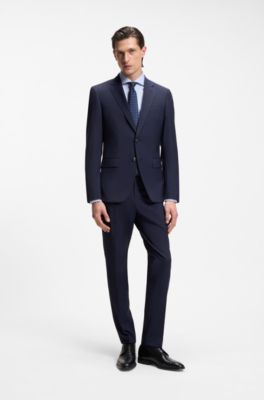 Slim-fit trousers in patterned virgin wool, Dark Blue