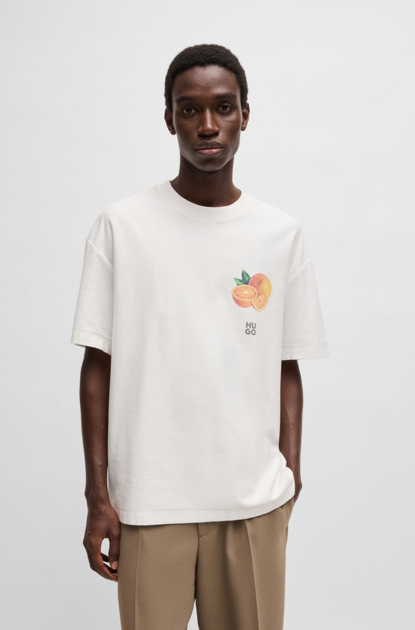 HUGO - コットンジャージー Tシャツ オレンジプリント - ナチュラル