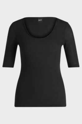 Scoop-neck T-shirt in ribbed stretch fabric, Black