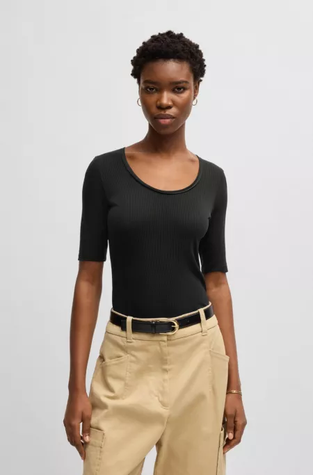 Scoop-neck T-shirt in ribbed stretch fabric