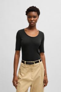 Scoop-neck T-shirt in ribbed stretch fabric, Black