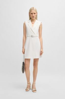 Blazer-style dress with buckled belt, White