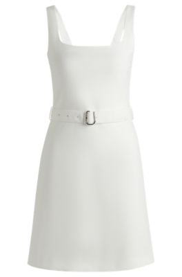 Belted dress with wide straps, White