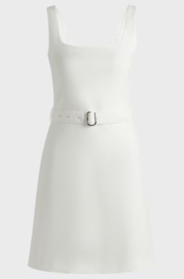 Belted dress with wide straps, White