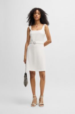 Belted dress with wide straps, White
