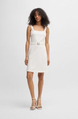 Belted dress with wide straps, White