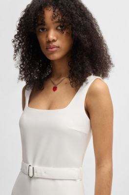 Belted dress with wide straps, White