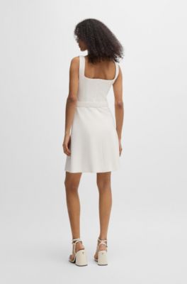 Belted dress with wide straps, White