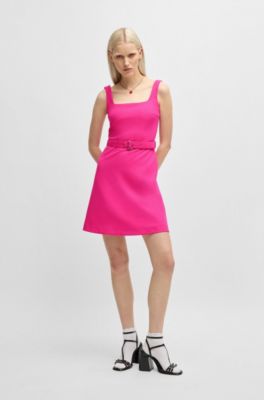 Belted dress with wide straps, Pink