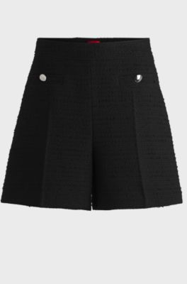 Boucl&eacute; shorts with stacked-logo buttons, Black