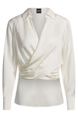 Wrap-front blouse in stretch silk, White